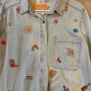 NATURAL LIFE  Light Blue Denim Shirt with Colorful Patches- tags on